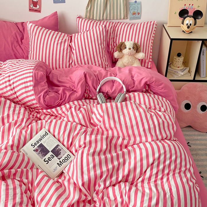 91家纺网 家纺一手货源 找家纺 卡斯诺家纺馆 2025新款水洗云朵棉四件套【下载文件夹包含买家秀】 甜辣风-玫红条