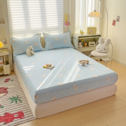 春雨家居 2025新款春夏卡通印花全棉单床笠 蓝色泡芙狗
