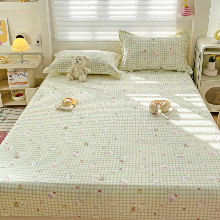 91家纺网 家纺一手货源 找家纺 春雨家居 2025新款春夏卡通印花全棉单床笠 甜美梦境-绿