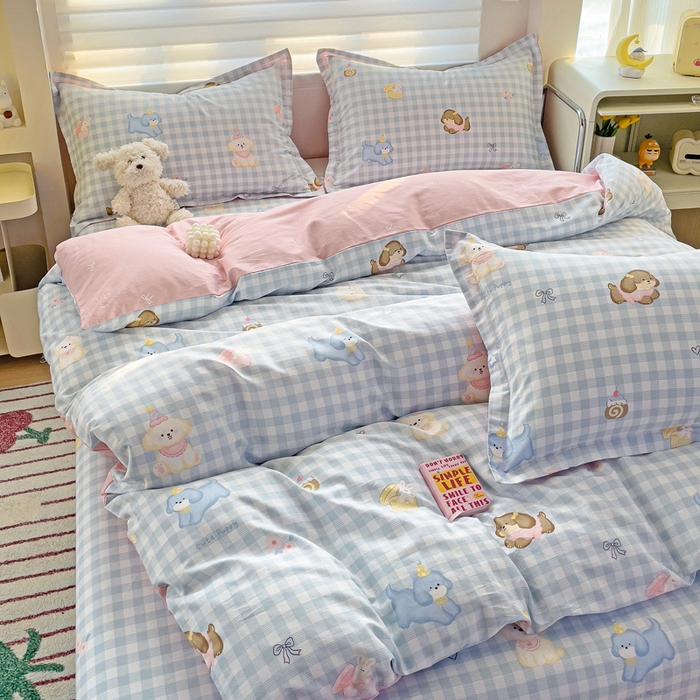 91家纺网 家纺一手货源 找家纺 春雨家居 2025新款春夏卡通印花全棉四件套 星星发夹狗