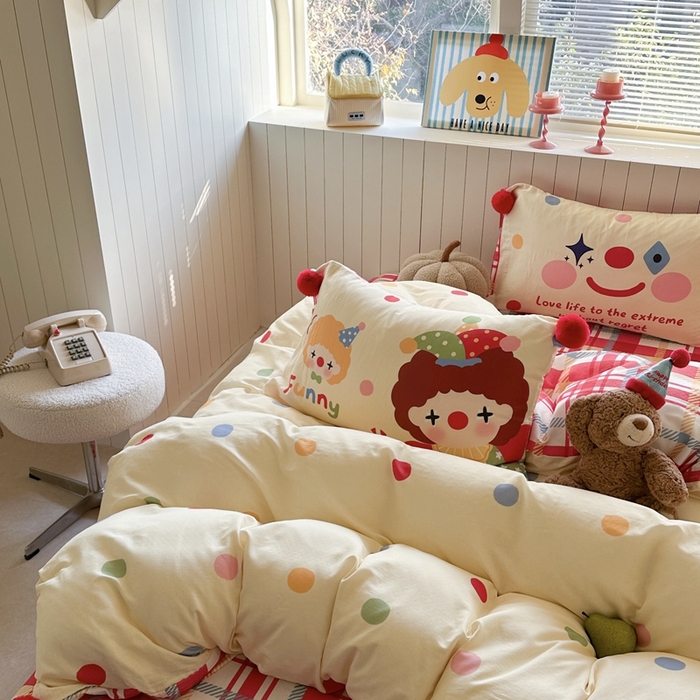 91家纺网 家纺一手货源 找家纺 柚子YOUTH 225新款全棉双层纱球球款四件套 波点小丑