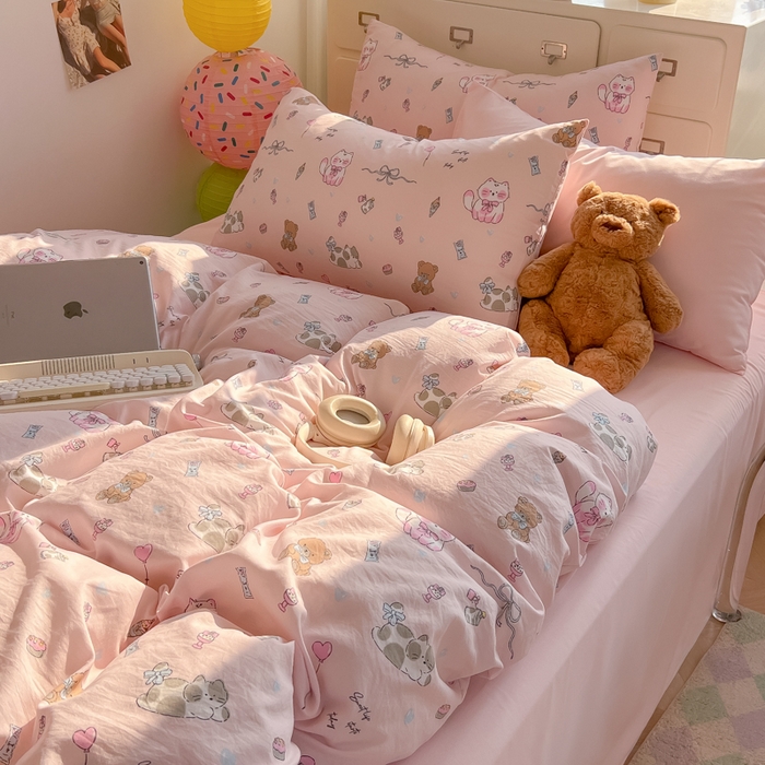 91家纺网 家纺一手货源 找家纺 韩巢家纺 2025新款超柔水洗棉印花被套床单床上用品四件套  小猫线球