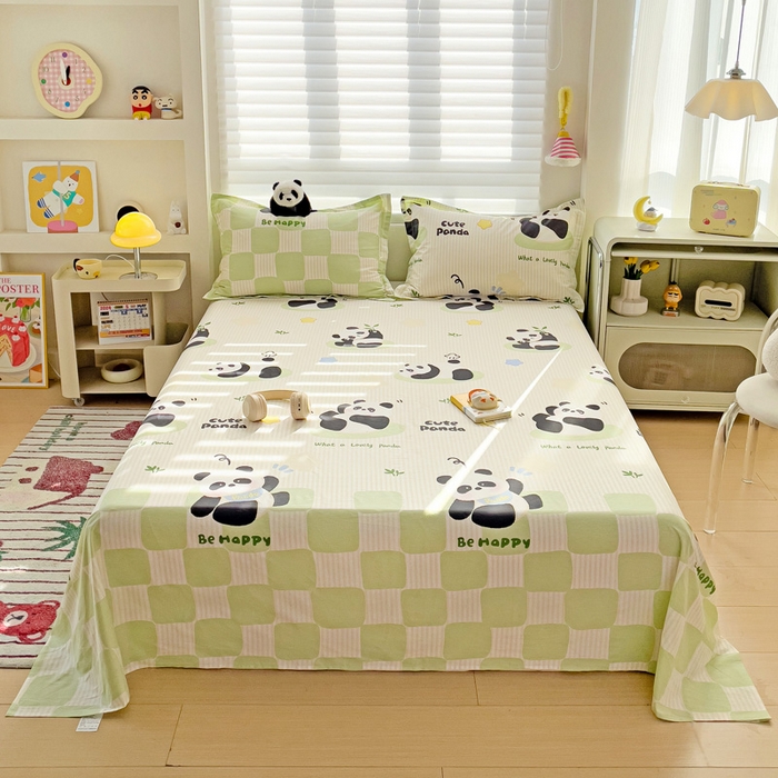 91家纺网 家纺一手货源 找家纺 春雨家居 2025新款春夏卡通印花全棉单床单 小熊猫