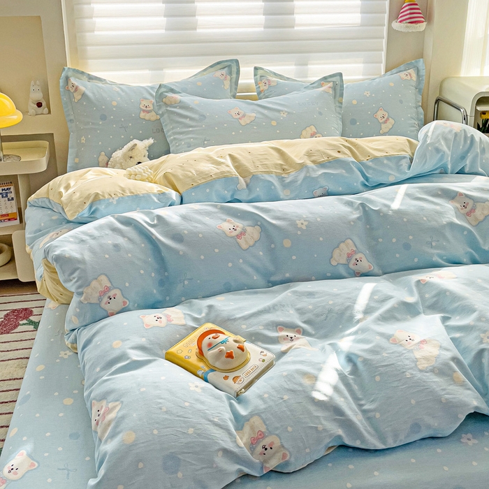 91家纺网 家纺一手货源 找家纺 春雨家居 2025新款春夏卡通印花全棉单被套 蓝色泡芙狗