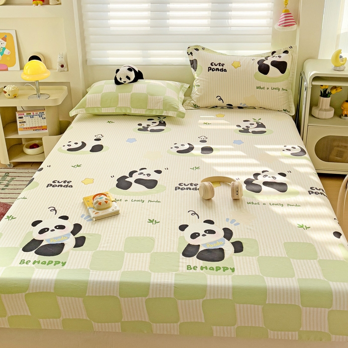 91家纺网 家纺一手货源 找家纺 春雨家居 2025新款春夏卡通印花全棉单床笠 小熊猫