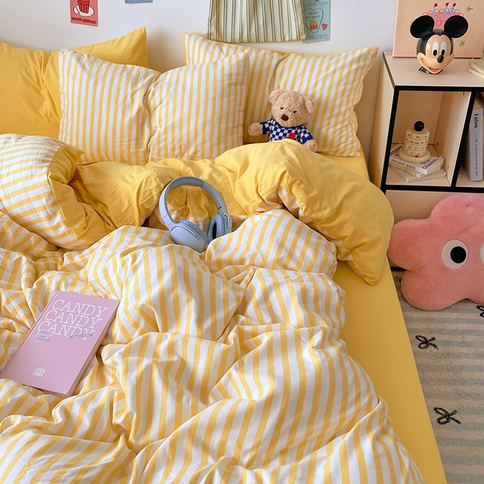 91家纺网 家纺一手货源 找家纺 卡斯诺家纺馆 2025新款水洗云朵棉四件套【下载文件夹包含买家秀】 甜辣风-嫩黄条