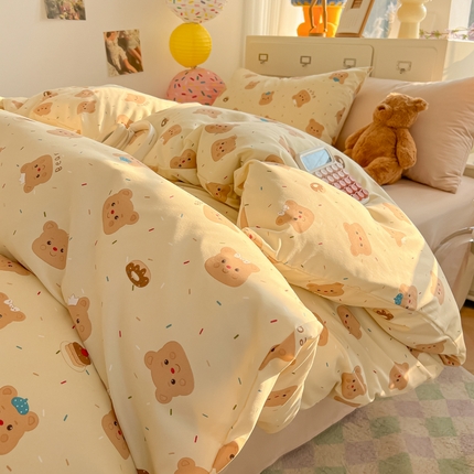 韩巢家纺 2025新款超柔水洗棉印花被套床单床上用品四件套  奥利奥小熊