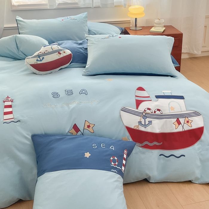 91家纺网 家纺一手货源 找家纺 博雅 2025新款全棉贴布绣卡通四件套 绣花款-海盗船