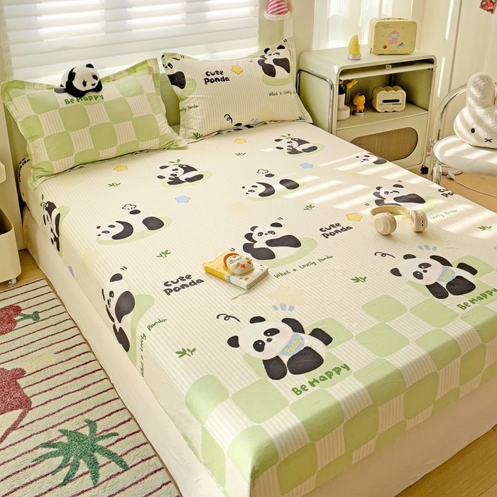 91家纺网 家纺一手货源 找家纺 春雨家居 2025新款春夏卡通印花全棉单床笠 小熊猫