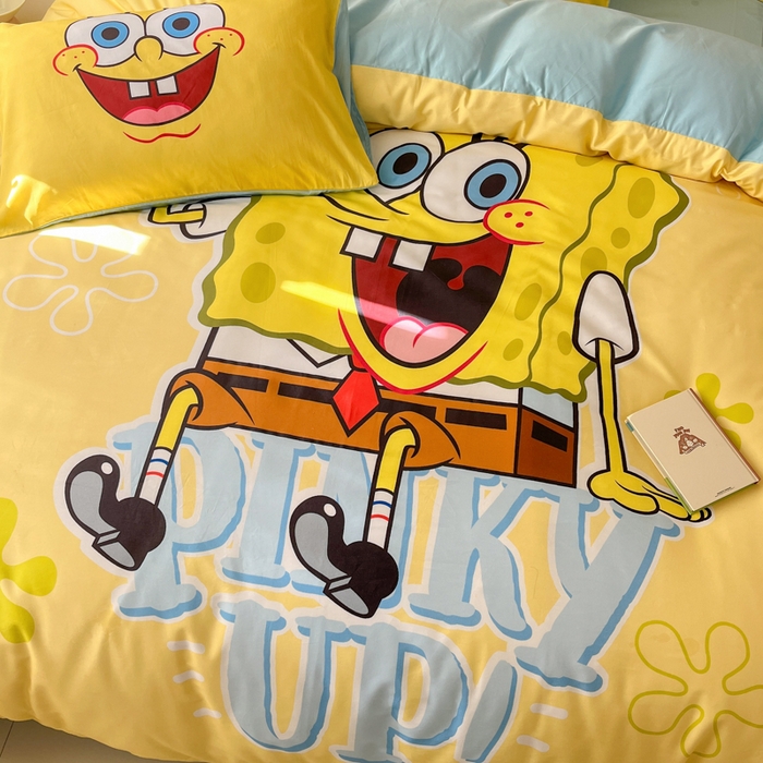 91家纺网 家纺一手货源 找家纺 金爱家纯棉数码印花系列四件套-海绵宝宝 棉D-咖啡海绵宝宝