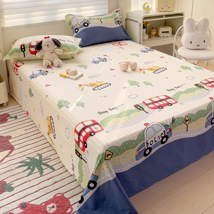 91家纺网 家纺一手货源 找家纺 春雨家居 2025新款春夏卡通印花全棉单床单 汽车世界