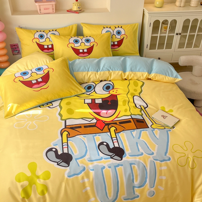 91家纺网 家纺一手货源 找家纺 金爱家纯棉数码印花系列四件套-海绵宝宝 棉D-咖啡海绵宝宝