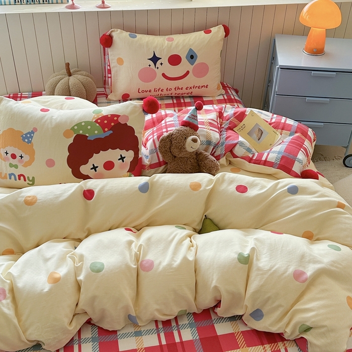 91家纺网 家纺一手货源 找家纺 柚子YOUTH 225新款全棉双层纱球球款四件套 波点小丑