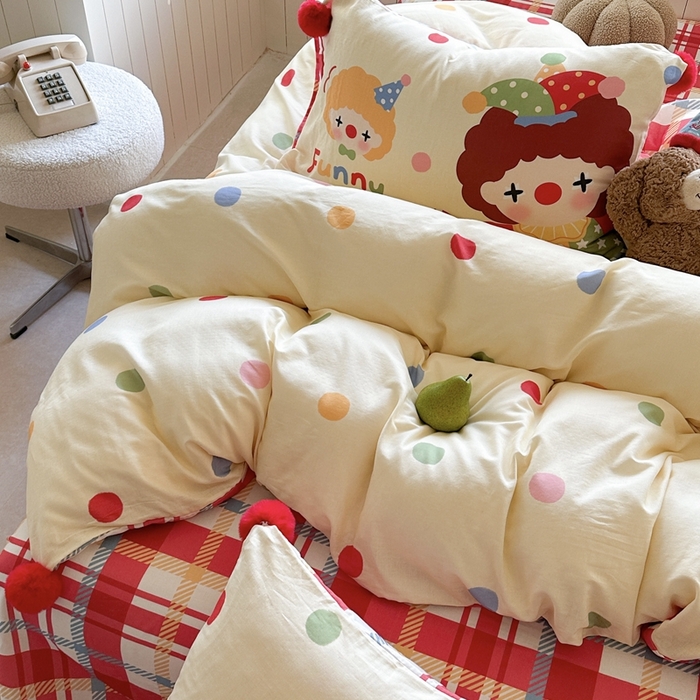 91家纺网 家纺一手货源 找家纺 柚子YOUTH 225新款全棉双层纱球球款四件套 波点小丑