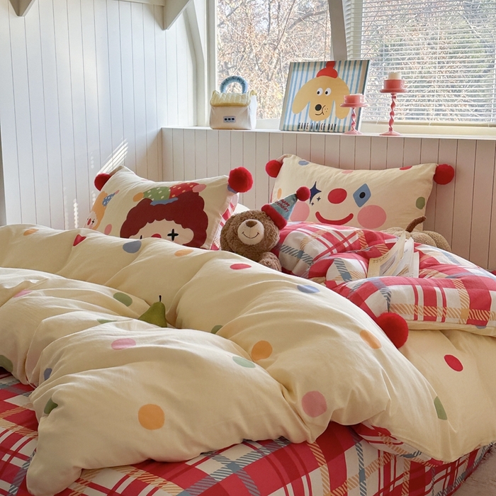 91家纺网 家纺一手货源 找家纺 柚子YOUTH 225新款全棉双层纱球球款四件套 波点小丑