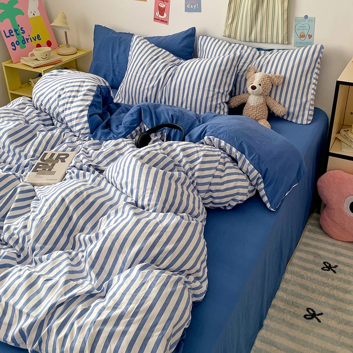 91家纺网 家纺一手货源 找家纺 卡斯诺家纺馆 2025新款水洗云朵棉四件套【下载文件夹包含买家秀】 甜辣风-蔚蓝条