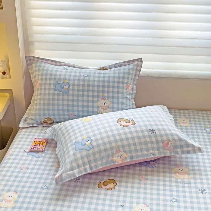 91家纺网 家纺一手货源 找家纺 春雨家居 2025新款春夏卡通印花全棉单枕套 15.星星发夹狗