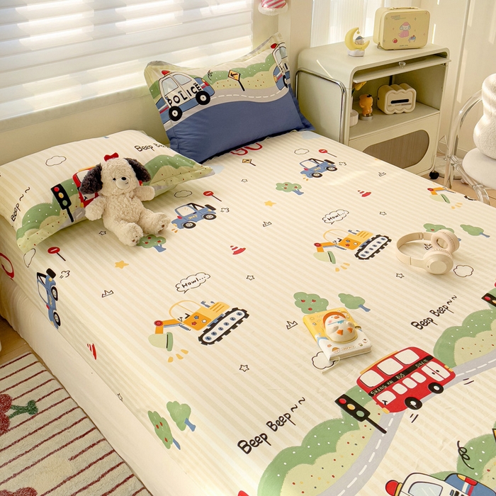 91家纺网 家纺一手货源 找家纺 春雨家居 2025新款春夏卡通印花全棉单床笠 汽车世界