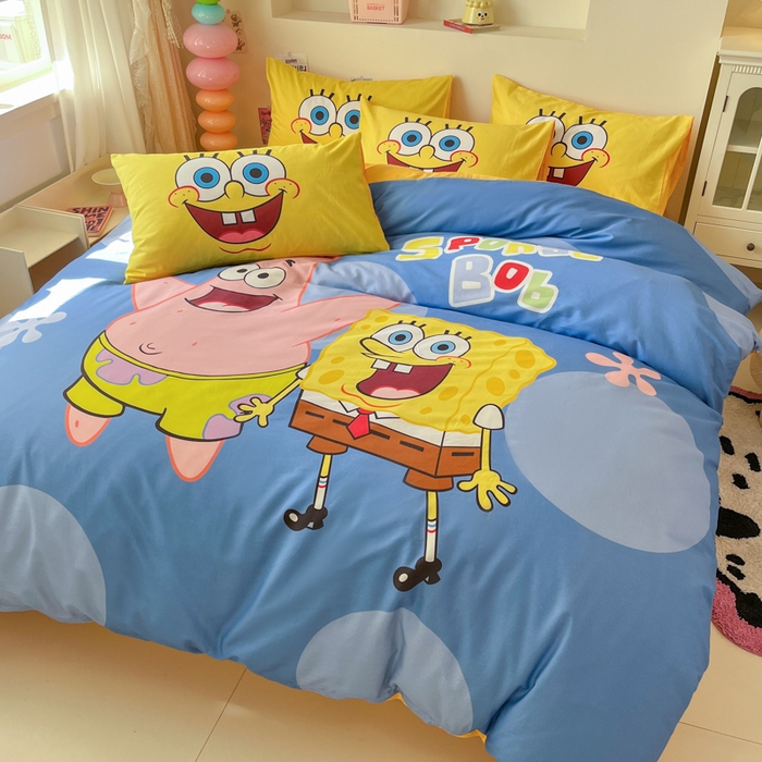 91家纺网 家纺一手货源 找家纺 金爱家纯棉数码印花系列四件套-海绵宝宝 棉D-蓝蓝海绵宝宝