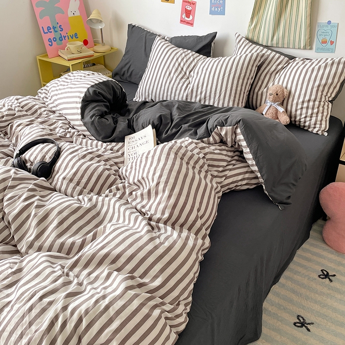 91家纺网 家纺一手货源 找家纺 卡斯诺家纺馆 2025新款水洗云朵棉四件套【下载文件夹包含买家秀】 甜辣风-深灰条