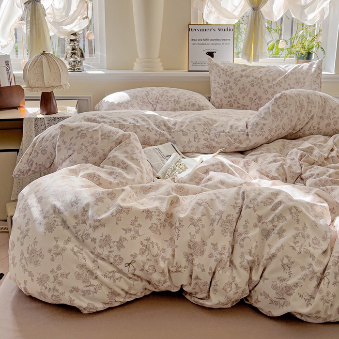 91家纺网 家纺一手货源 找家纺 逸尚阁 2025新款针织双层纱印花四件套（提供买家秀） 黛弦-杏