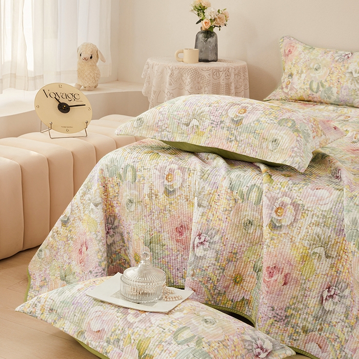 91家纺网 家纺一手货源 找家纺 莎果家纺 2025新款双面全棉数码印花大尺寸2.3*2.5米床盖三件套 春日幽香