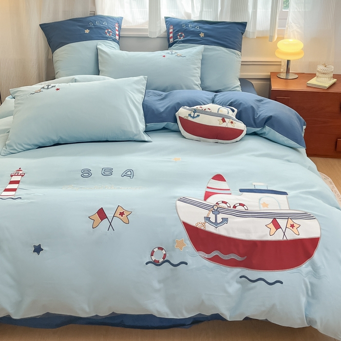 91家纺网 家纺一手货源 找家纺 博雅 2025新款全棉贴布绣卡通四件套 绣花款-海盗船