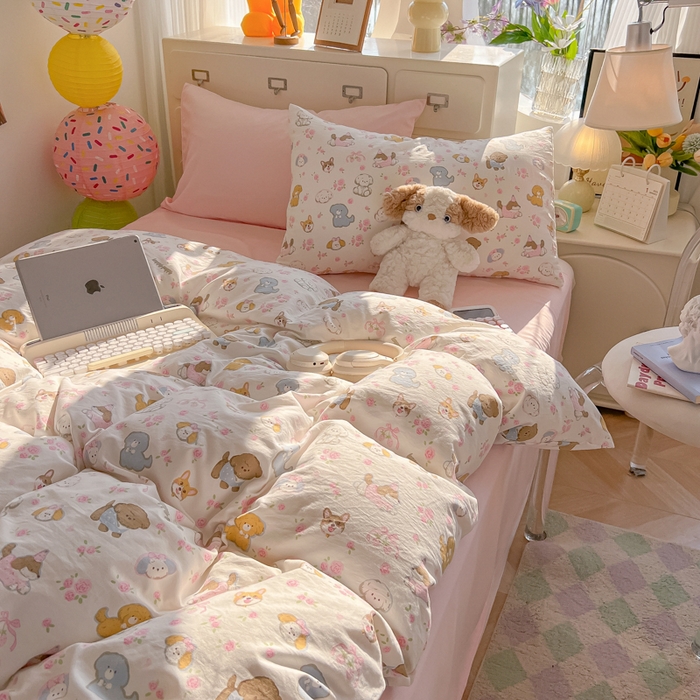 91家纺网 家纺一手货源 找家纺 韩巢家纺 2025新款超柔水洗棉印花被套床单床上用品四件套  灰蒙小狗