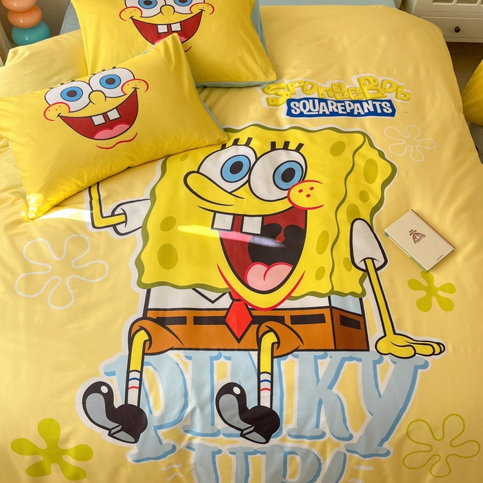 91家纺网 家纺一手货源 找家纺 金爱家纯棉数码印花系列四件套-海绵宝宝 棉D-咖啡海绵宝宝