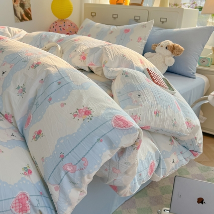 韩巢家纺 2025新款超柔水洗棉印花被套床单床上用品四件套  小懒包