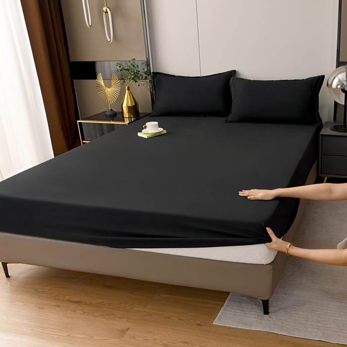 91家纺网 家纺一手货源 找家纺 梵巢2025新款水洗棉纯色单床笠 纯黑