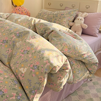 91家纺网 家纺一手货源 找家纺 韩巢家纺 2025新款超柔水洗棉印花被套床单床上用品四件套  丝带飞飞兔