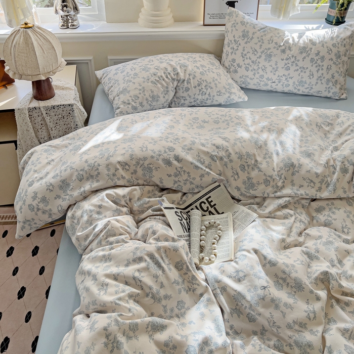 91家纺网 家纺一手货源 找家纺 逸尚阁 2025新款针织双层纱印花四件套（提供买家秀） 黛弦-蓝