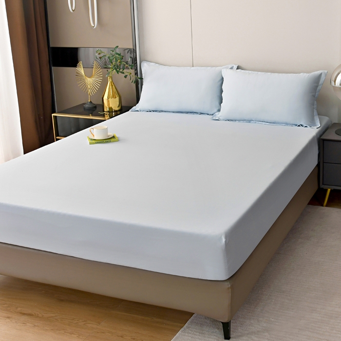 91家纺网 家纺一手货源 找家纺 梵巢2025新款水洗棉纯色单床笠 浅蓝