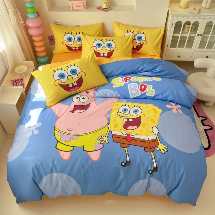 91家纺网 家纺一手货源 找家纺 金爱家纯棉数码印花系列四件套-海绵宝宝 棉D-蓝蓝海绵宝宝