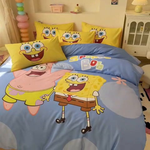 91家纺网 家纺一手货源 找家纺 金爱家纯棉数码印花系列四件套-海绵宝宝 棉D-蓝蓝海绵宝宝