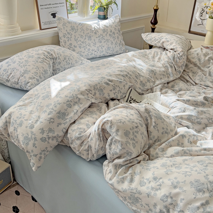 91家纺网 家纺一手货源 找家纺 逸尚阁 2025新款针织双层纱印花四件套（提供买家秀） 黛弦-蓝