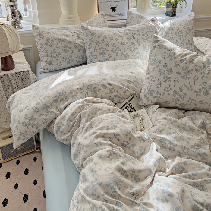 91家纺网 家纺一手货源 找家纺 逸尚阁 2025新款针织双层纱印花四件套（提供买家秀） 黛弦-蓝