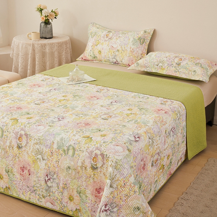 91家纺网 家纺一手货源 找家纺 莎果家纺 2025新款双面全棉数码印花大尺寸2.3*2.5米床盖三件套 春日幽香