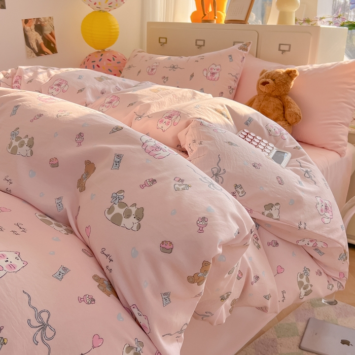 91家纺网 家纺一手货源 找家纺 韩巢家纺 2025新款超柔水洗棉印花被套床单床上用品四件套  小猫线球