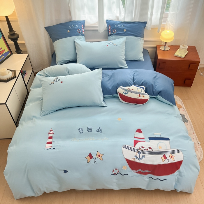 91家纺网 家纺一手货源 找家纺 博雅 2025新款全棉贴布绣卡通四件套 绣花款-海盗船