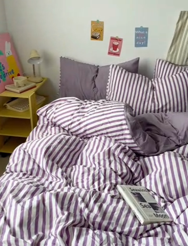 91家纺网 家纺一手货源 找家纺 卡斯诺家纺馆 2025新款水洗云朵棉四件套【下载文件夹包含买家秀】 甜辣风-酱紫条