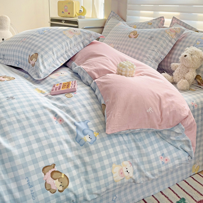 91家纺网 家纺一手货源 找家纺 春雨家居 2025新款春夏卡通印花全棉单被套 星星发夹狗