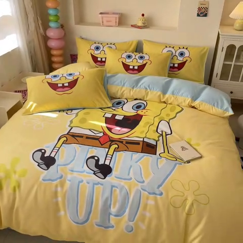 91家纺网 家纺一手货源 找家纺 金爱家纯棉数码印花系列四件套-海绵宝宝 棉D-咖啡海绵宝宝