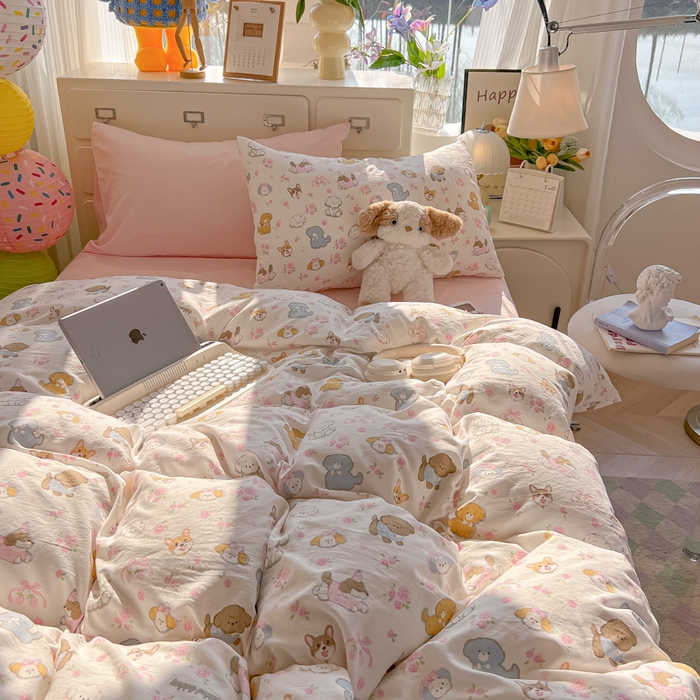 91家纺网 家纺一手货源 找家纺 韩巢家纺 2025新款超柔水洗棉印花被套床单床上用品四件套  灰蒙小狗