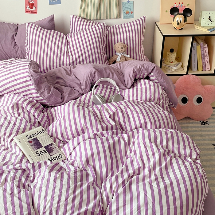 91家纺网 家纺一手货源 找家纺 卡斯诺家纺馆 2025新款水洗云朵棉四件套【下载文件夹包含买家秀】 甜辣风-酱紫条