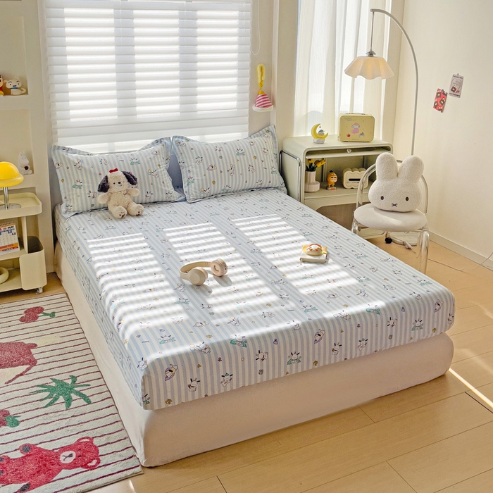 91家纺网 家纺一手货源 找家纺 春雨家居 2025新款春夏卡通印花全棉单床笠 兔兔乐园