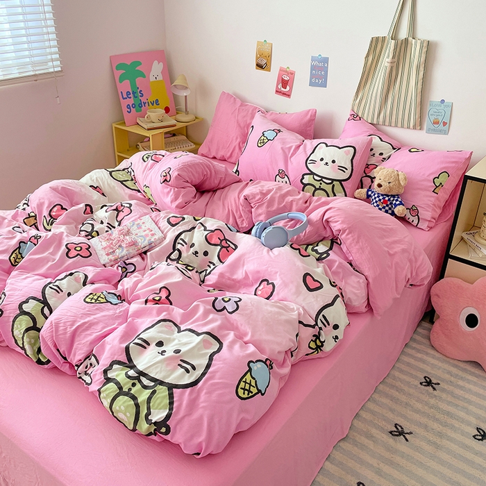 91家纺网 家纺一手货源 找家纺 卡斯诺家纺馆 2025新款水洗云朵棉四件套【下载文件夹包含买家秀】 时尚猫咪