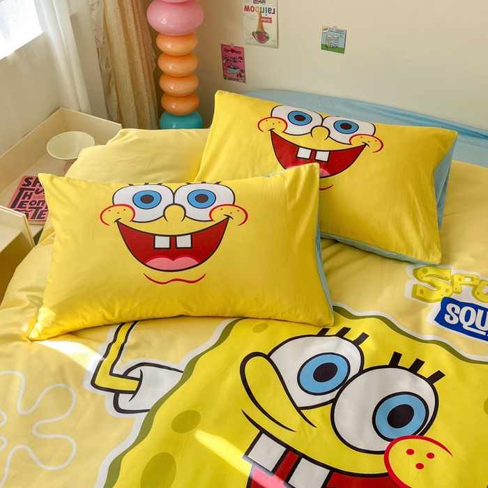 91家纺网 家纺一手货源 找家纺 金爱家纯棉数码印花系列四件套-海绵宝宝 棉D-咖啡海绵宝宝