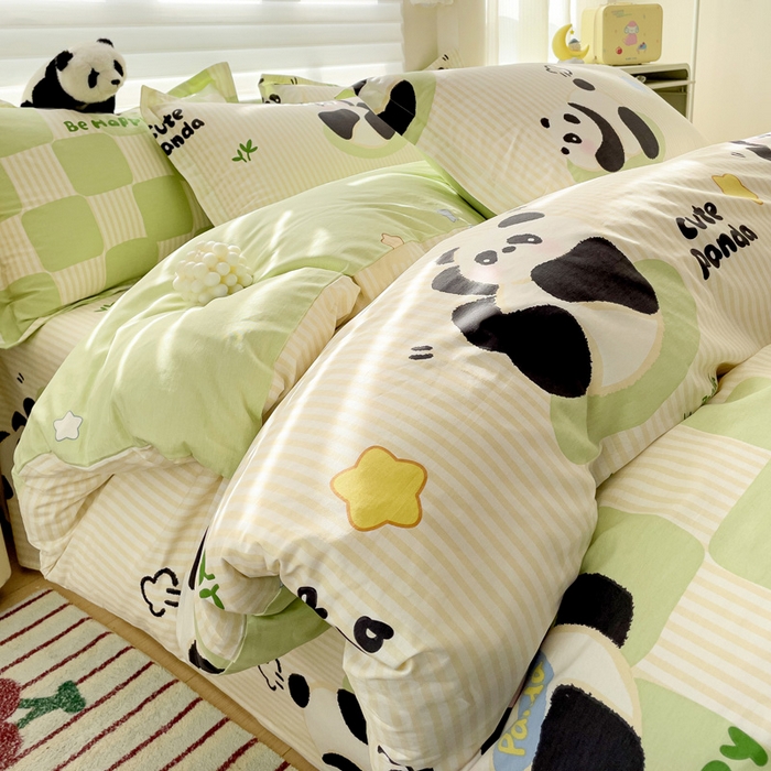 91家纺网 家纺一手货源 找家纺 春雨家居 2025新款春夏卡通印花全棉四件套 小熊猫